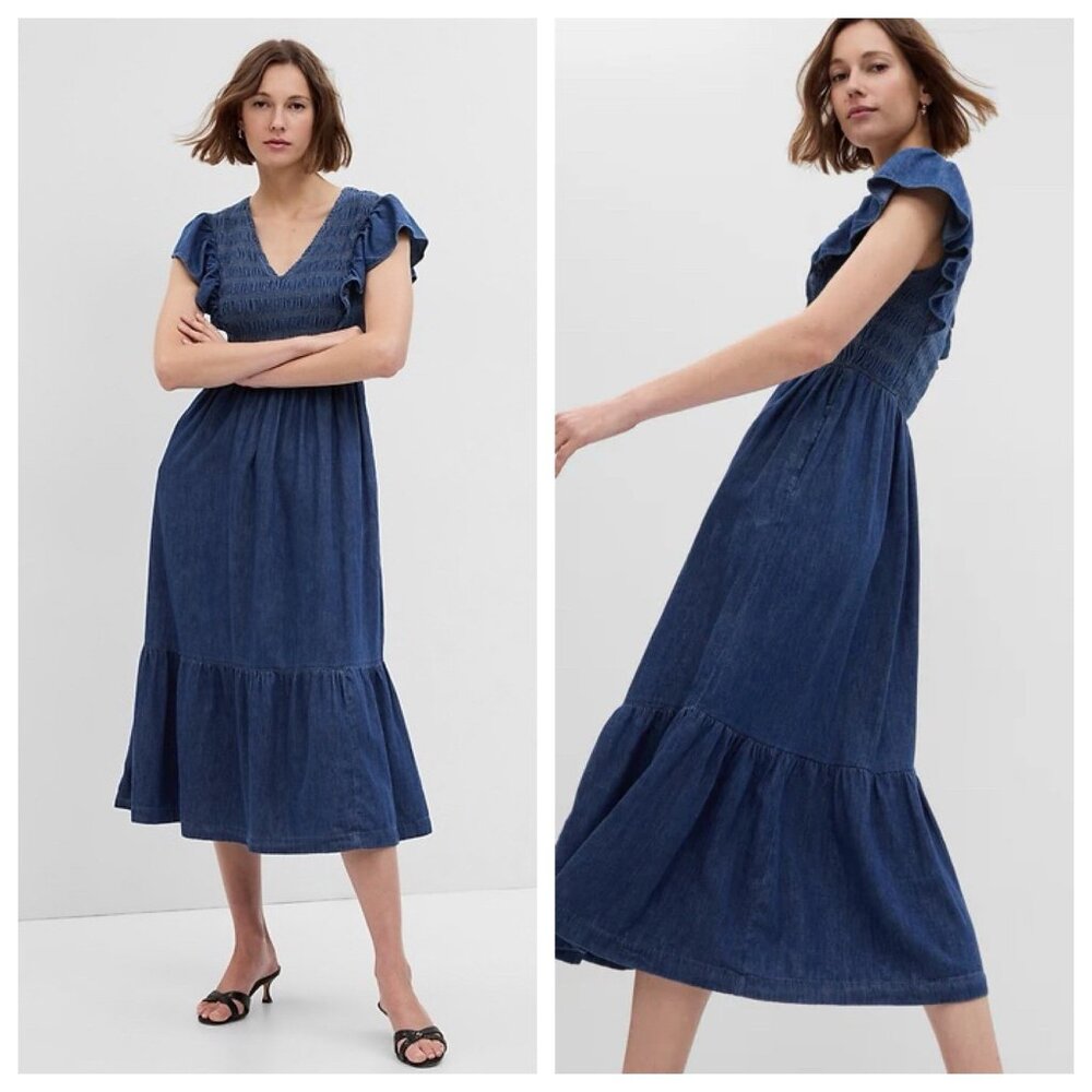 GAP 100% Organic Cotton Denim Ruffle Sleeve Smocked Midi Dress Size S Pockets - Picture 2 of 15